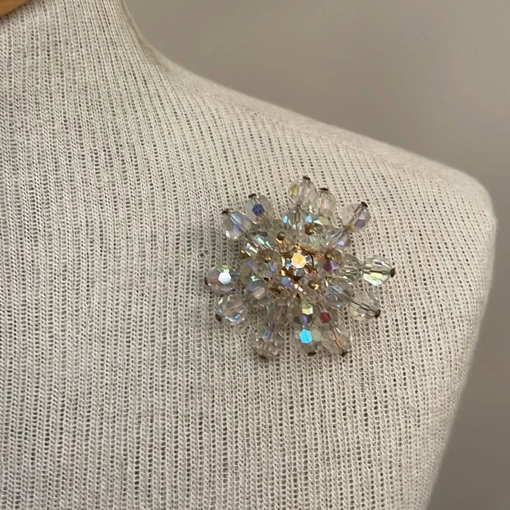Vintage Aurora Borealis Crystal Bead Cluster Rhinestone Brooch Pin